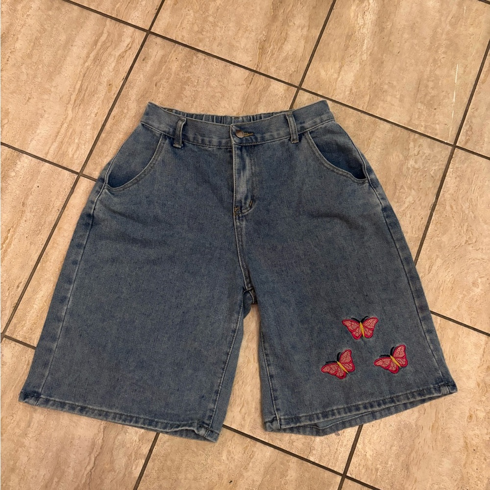 Denim Shorts with Butterfly Embroidery